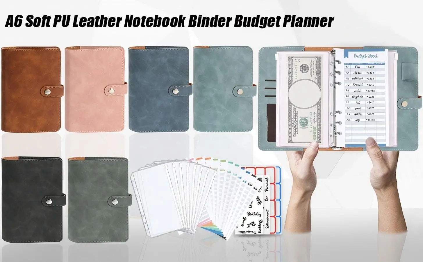 

Блокнот из мягкой искусственной кожи формата А6, бюджетный планировщик, 16 карманов для переплетов, конверты для денег, 12 бюджетных листов расходов, наклейка с 4 буквами