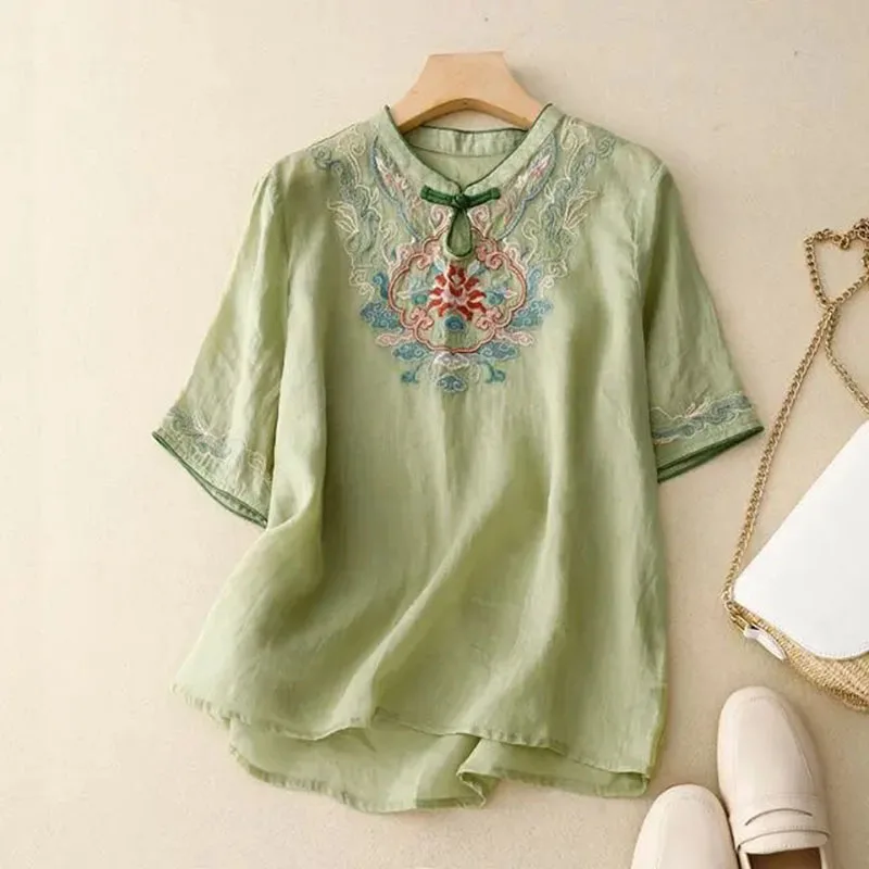 Retro Embroidered Ramie Blouse women's Summer Loose Belly Cover New Chinese Style Buckle Cheongsam Collar Solid Color Printed To