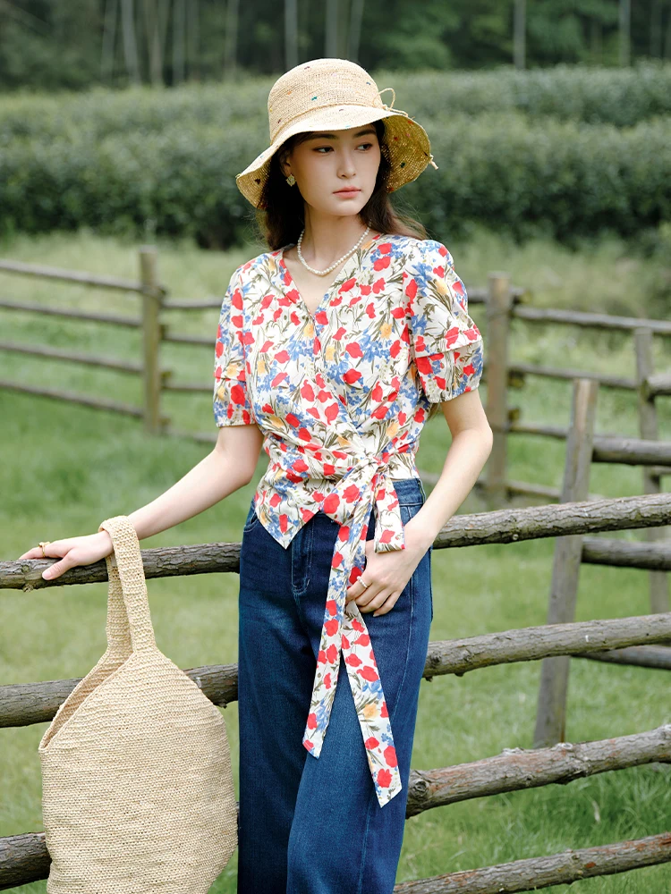 DUSHU Pastoral Style Floral Wrap Women Skirt Suit 2024 Summer New Colorful Printed Chiffon Shirt Skirt Suit 24DS82413 24DS82571