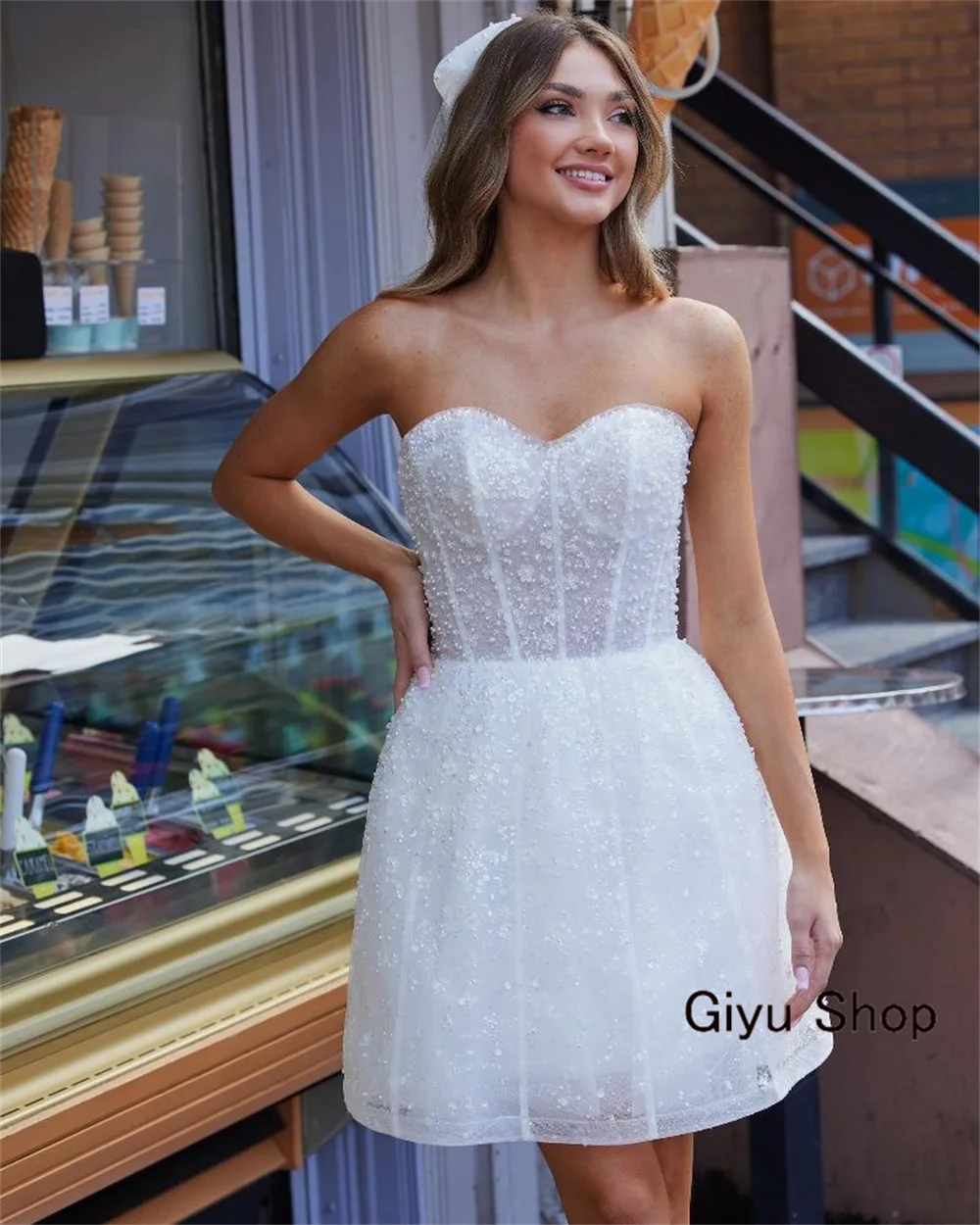 Giyu Modern Style Beaded Mini Wedding Dress 2024 Detachable Shoulder Sweetheart Collar Short-length Above The Knee Party Dress