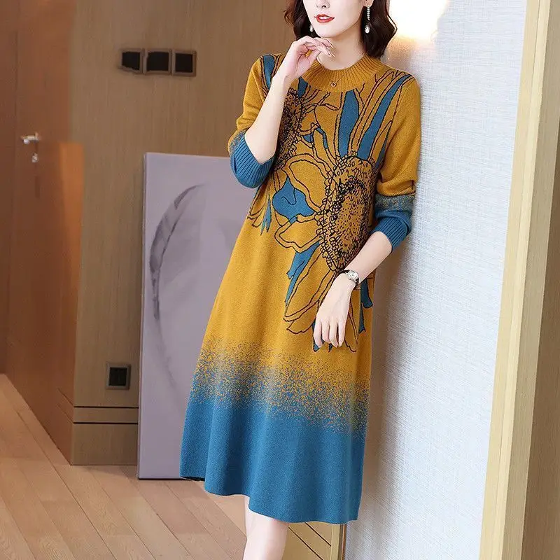 حجم كبير في منتصف العمر وكبار السن الخريف والشتاء فستان الأم الجديد منتصف طول سترة داخلية المرأة محبوك قاع قميص