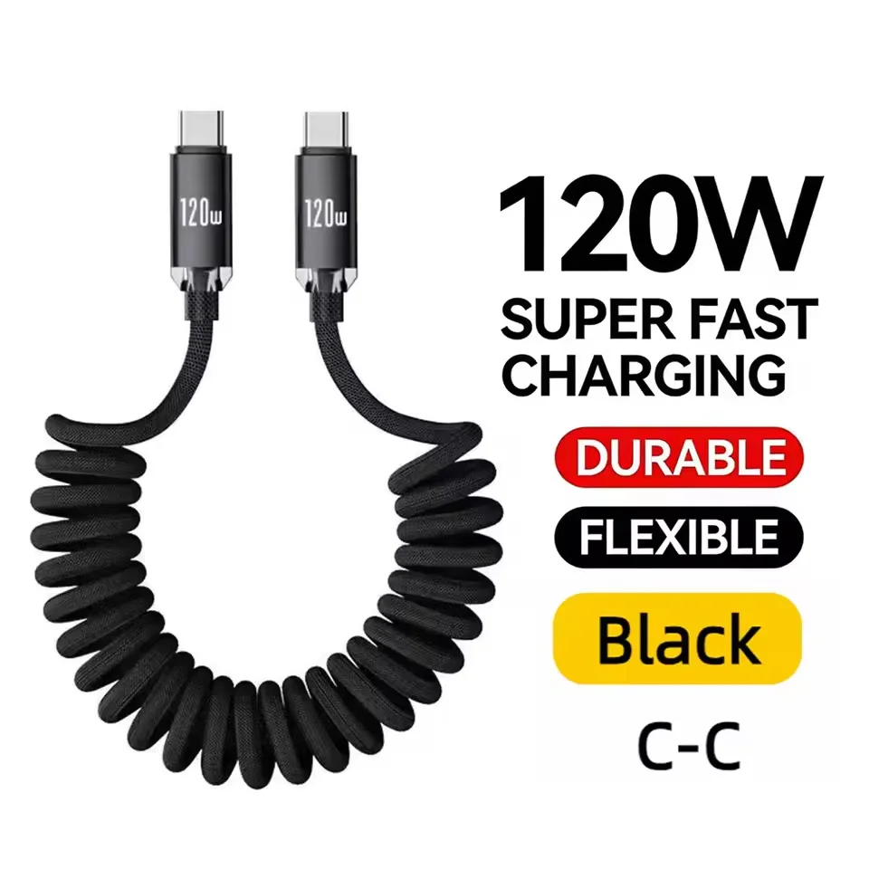 120W USB A/C To Type C Fast Charging Cable Car Spring Data Cable Retractable for iPhone 15 16 Samsung Xiaomi USB Type C Cables