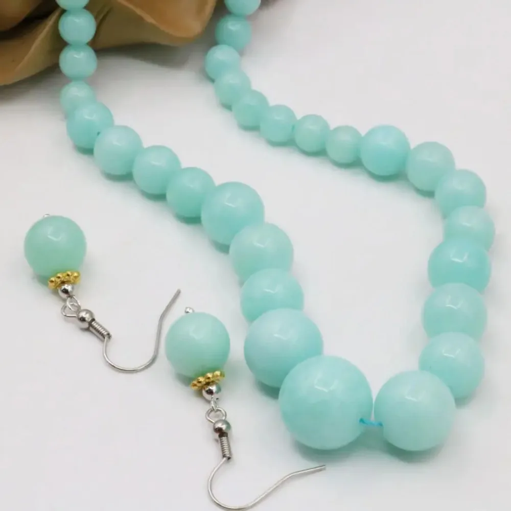 Blue Amazonite Lucky Stone Tower Necklace Chain Earring Sets Round Beads Fashion Jewelry Party Gifts Accessories 15inch 6-14mm