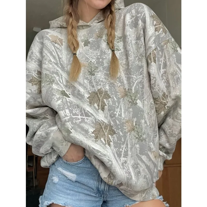 Maple Leaf Printing Hoodies Tie Dye Women Street Pullover Loose Autumn American Style Hoooded Sweatershirt Female Clothing