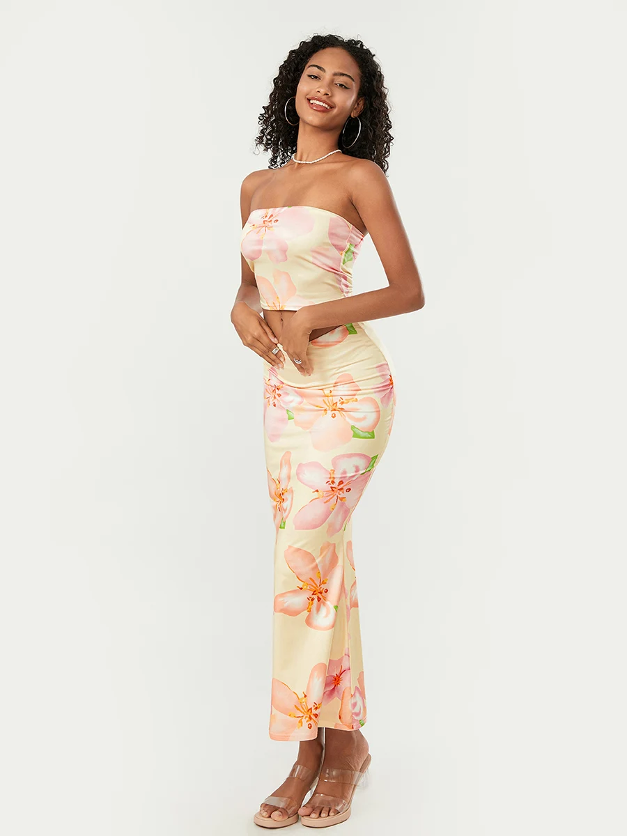 Dames Zomerrok Outfits Bloemenprint Tube Tops Met Lange Slanke Rok Set Tweedelige Rok Sets