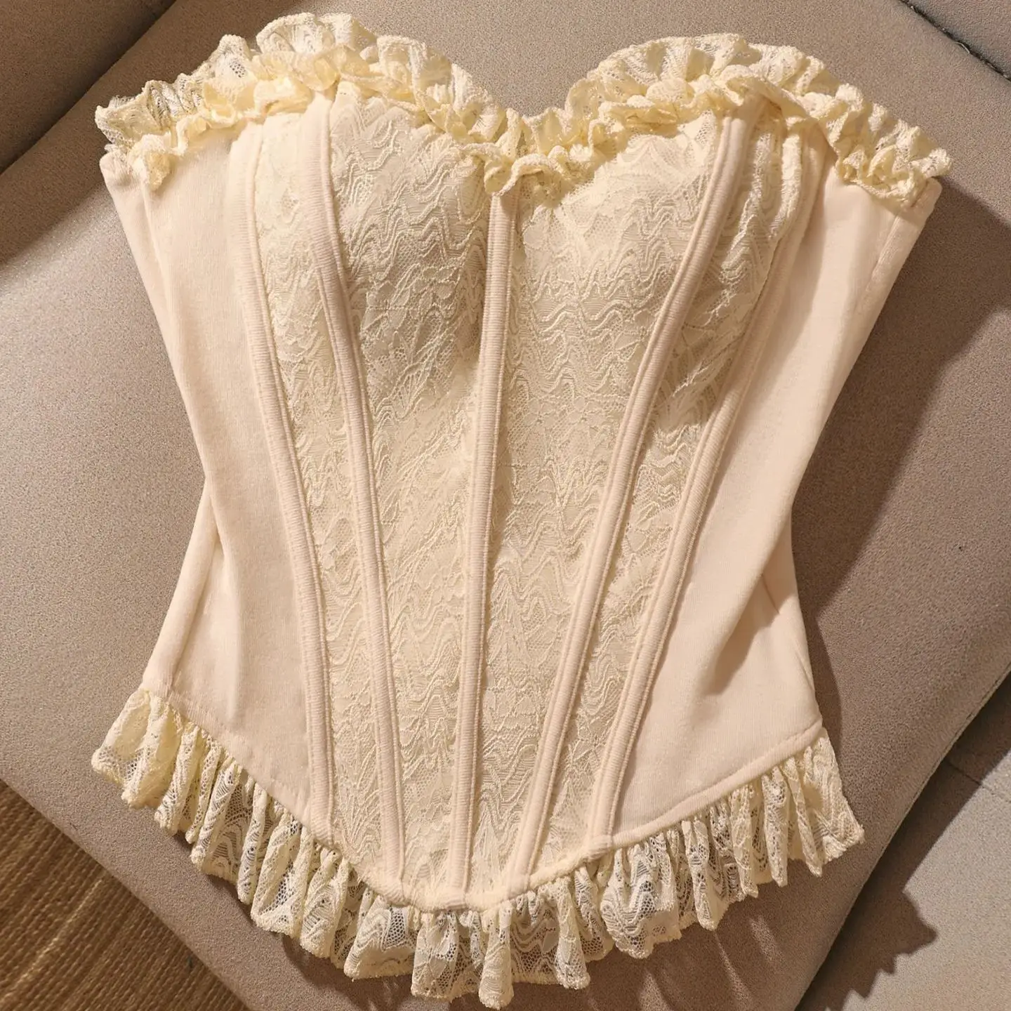 

Apricot Strapless Crop Tops Women French Lace Backless Corset Chic Slim Camisole Vests Hollow Out Tank Top Summer Shaper Bustier