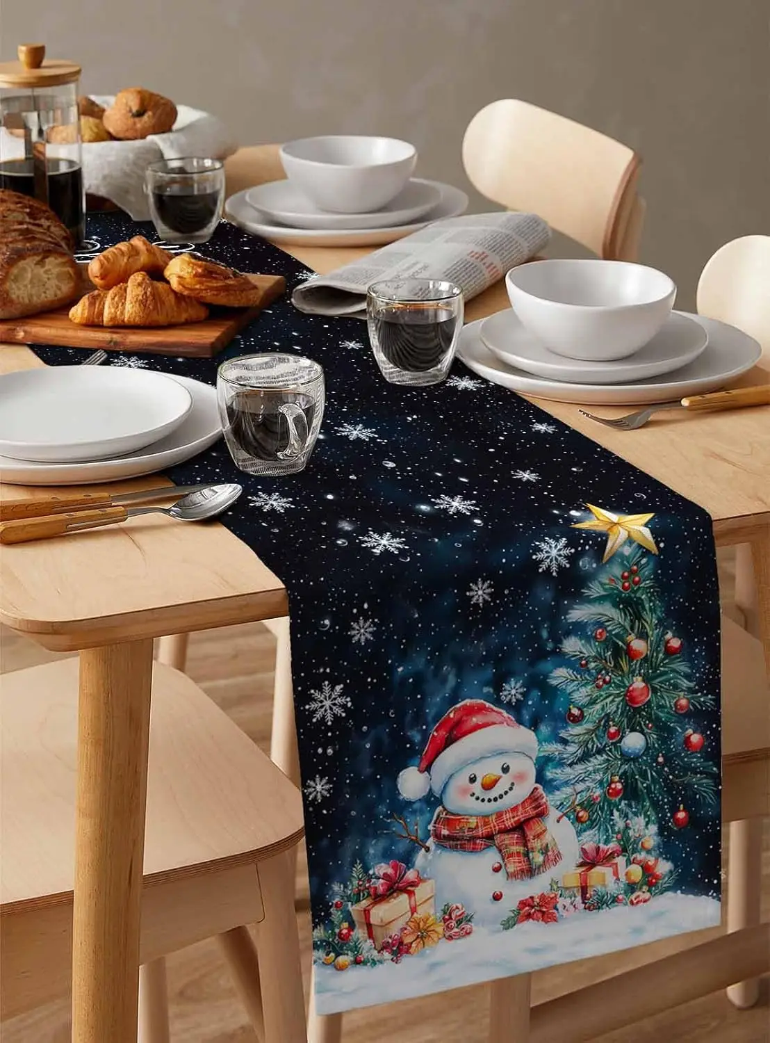 Merry Christmas Snowman Xmas Tree Linen Table Runner Home Decor Winter Snowflakes Kitchen Dining Table Runners Christmas Decor