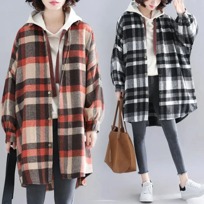 New 2024 Autumn Winter Women's Shirts Korean Chic Plaid Print Thick Blouse Loose Lady Casual Tops All-Match Cardign Kt7069