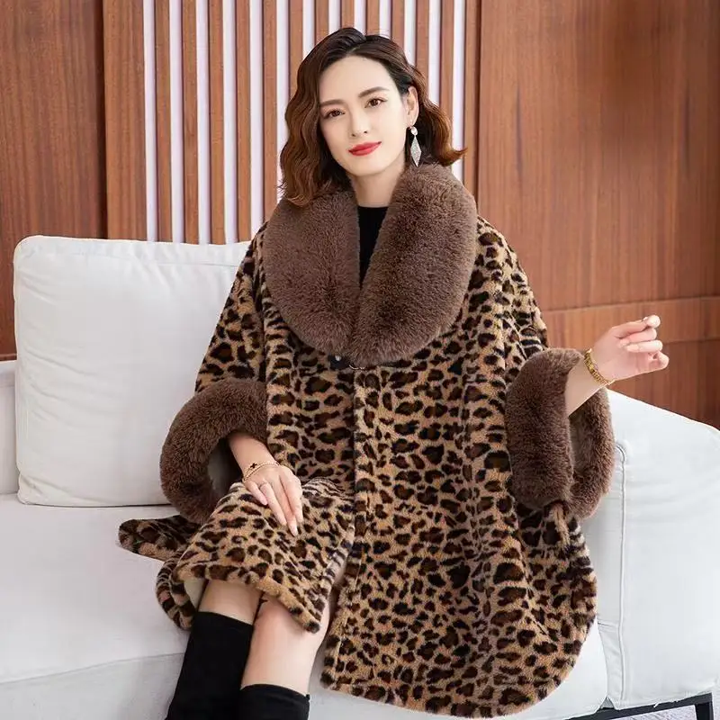 

Leopard Pattern Autumn Winter Thicken Cloak Women's Mid-length Artificial Fur Sleeve Shawl High-end Noblewoman Coat Outer Cape