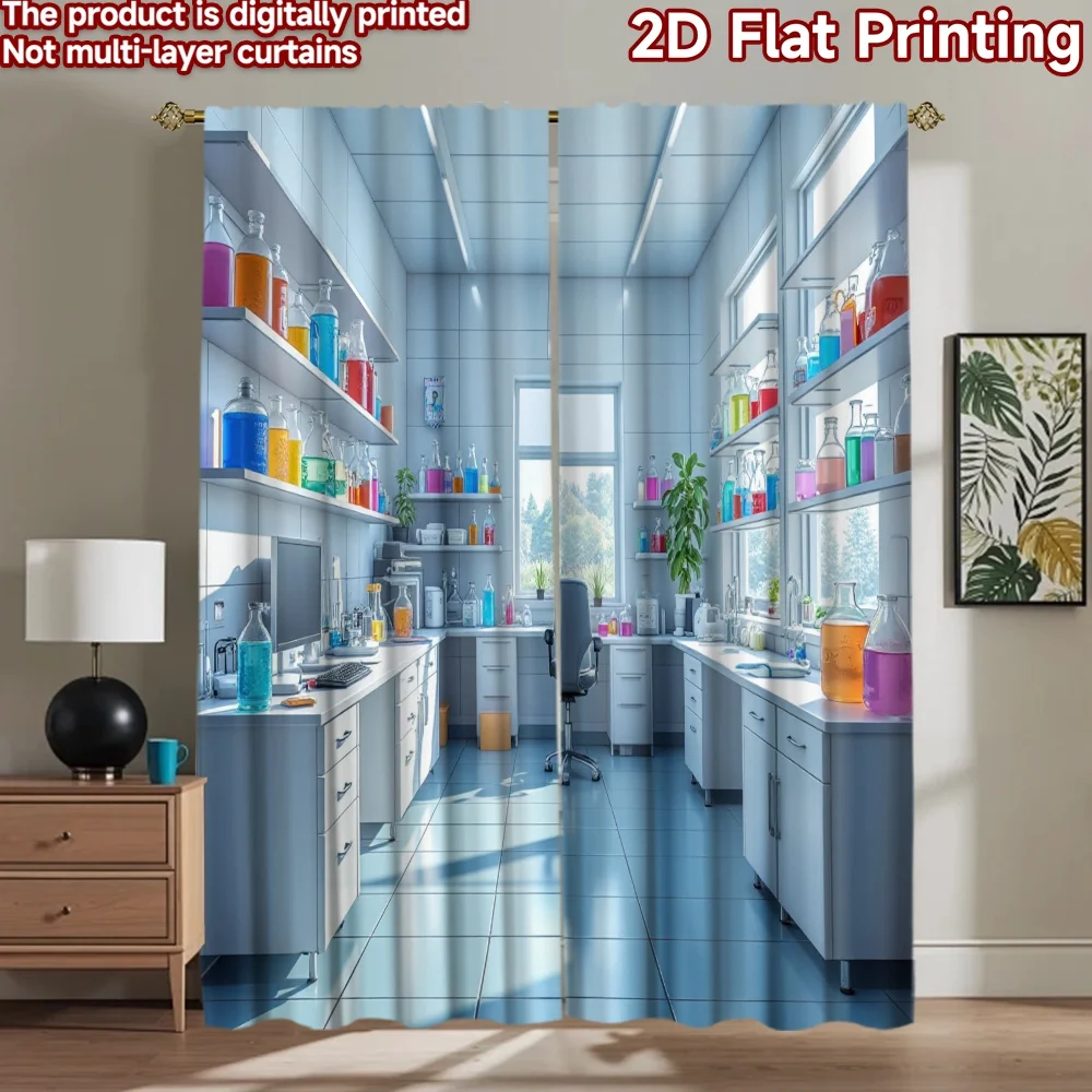 2D flat 2pcs Curtain Home Short Curtains Bright Science Laboratory Digitally printed polyester, colorfast Birthday Party Perfect