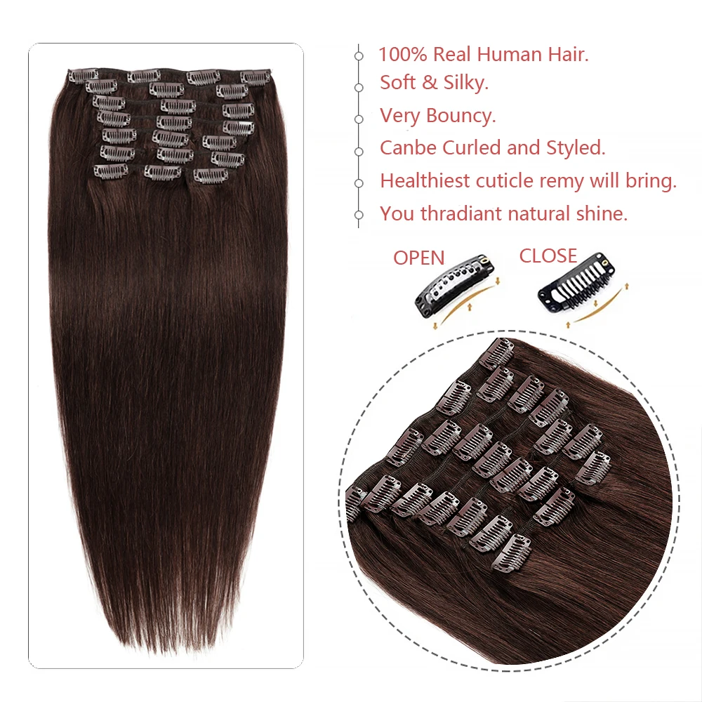 Doczepiane włosy Clip In Brown Straight Remy Hair Clip In Human Hair Extension For Women Double Weft Clip-On HairPiece 24 Inch # 4