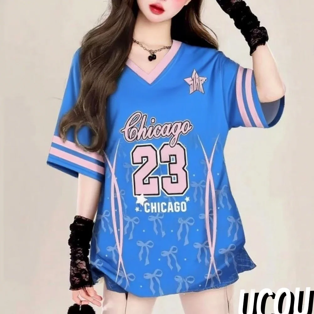 Summer Number 23 CHICAGO Print V-Neck Women Short Sleeve T-Shirt Tee Baseball Jerseys Daily Tops Tees Female Oversized Clothing