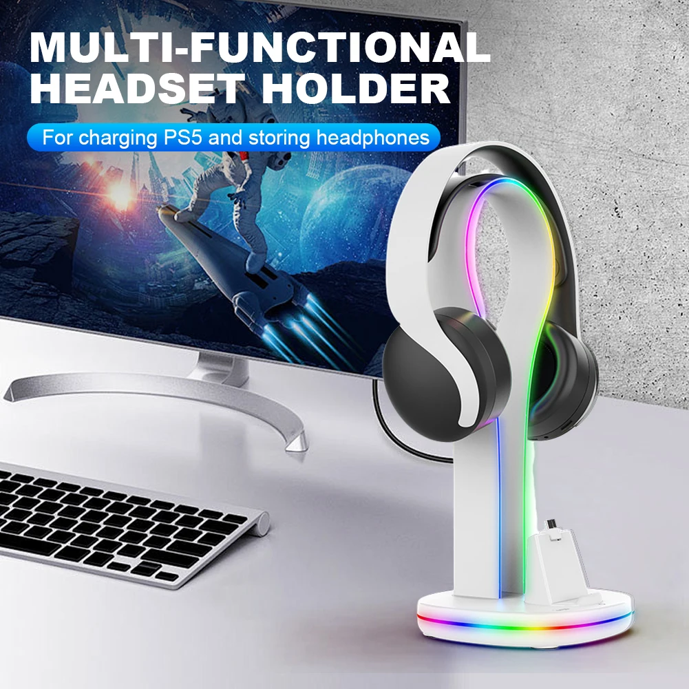 RGB Charging Dock Station with Type-C & 2 USB Ports Headphones Holder Charging Stand Console Charger Stand Base for PS5 Portal