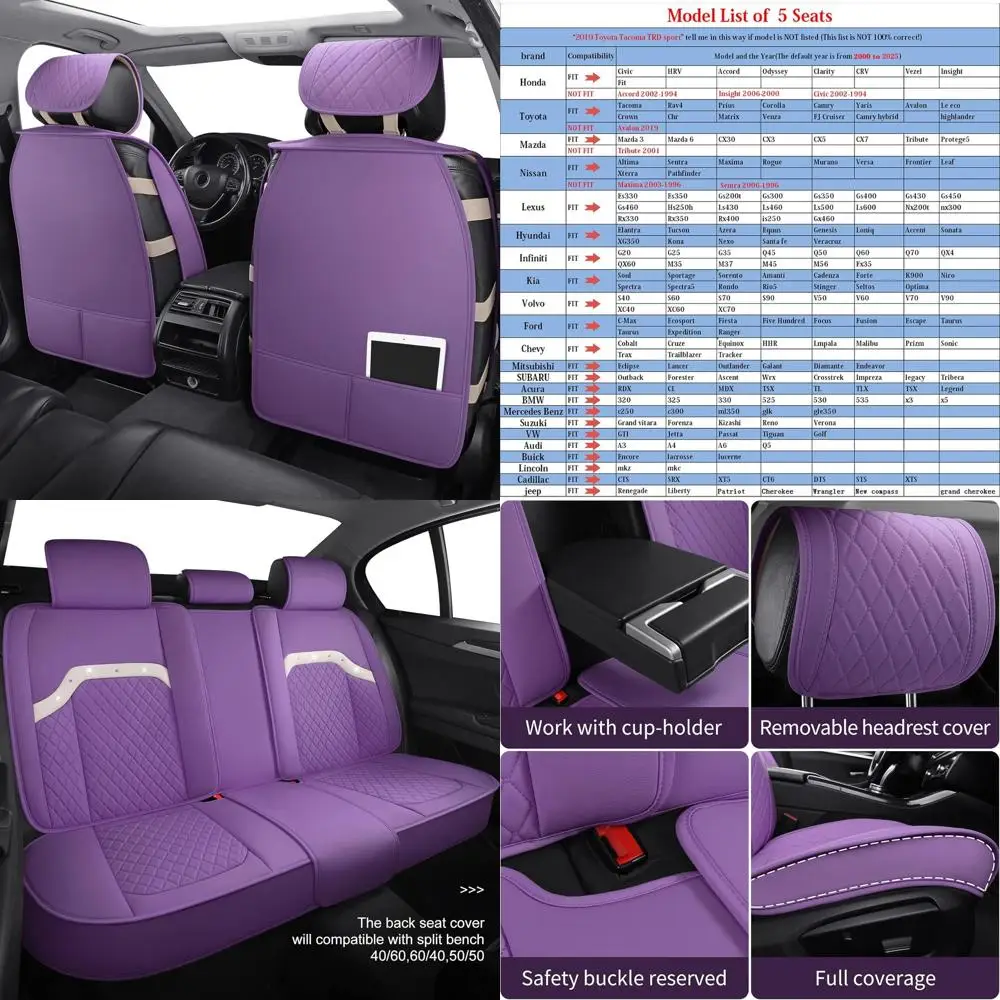 

Waterproof Leather Car Seat Covers Universal Fit for Toyota, Ford, Chevy Models (Full Set, Purple)