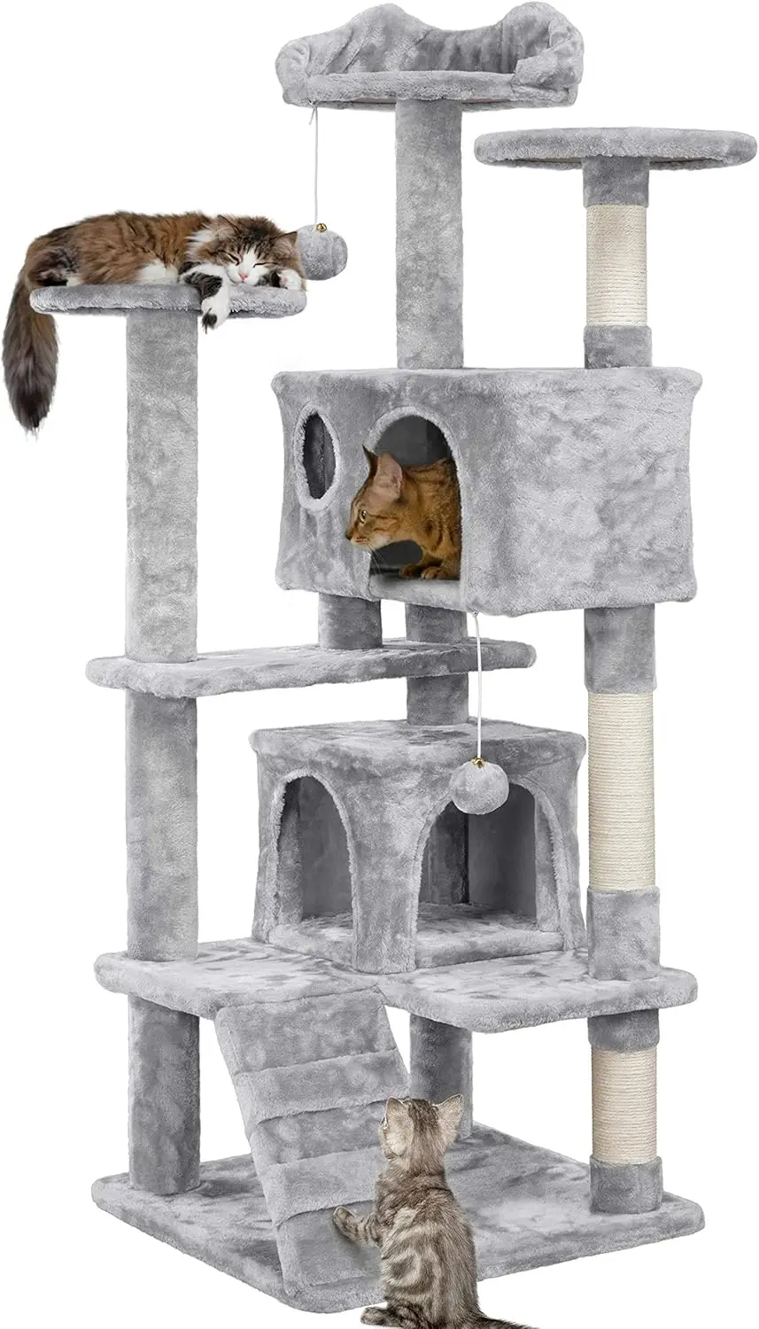 

54-Inch Cat Tree with Scratching Posts, Double Condos, and Dangling Balls for Kittens - Light Gray Pet Playhouse