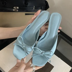 Eilyken Design Style Shallow Square Toe Women Slippers Fashion Butterfly-knot Low Heels Shoes Summer Zapatos De Mujer