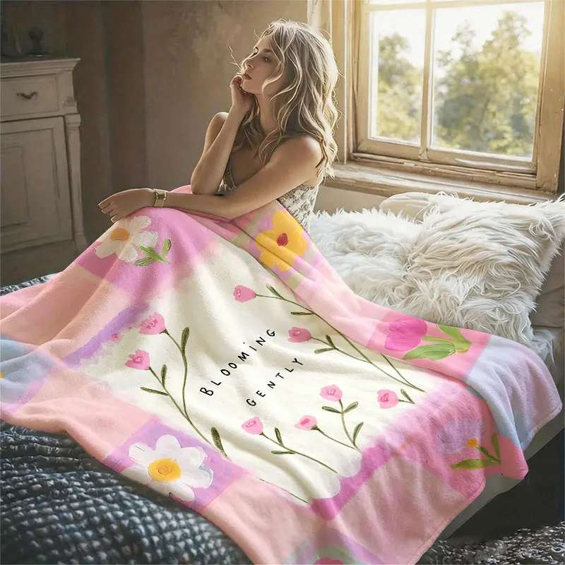 Blooming Gently Pink Check Flannel Blanket Perfect for Sofa Office Bed Travel Sleep Read Relax Camping Four Season Use