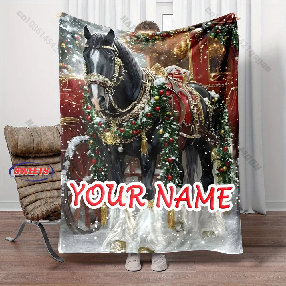Personalized Name Custom Christmas Blanket Christmas Horse Carriage Blanket Soft Skin-Friendly blanket，all seasons, Gift