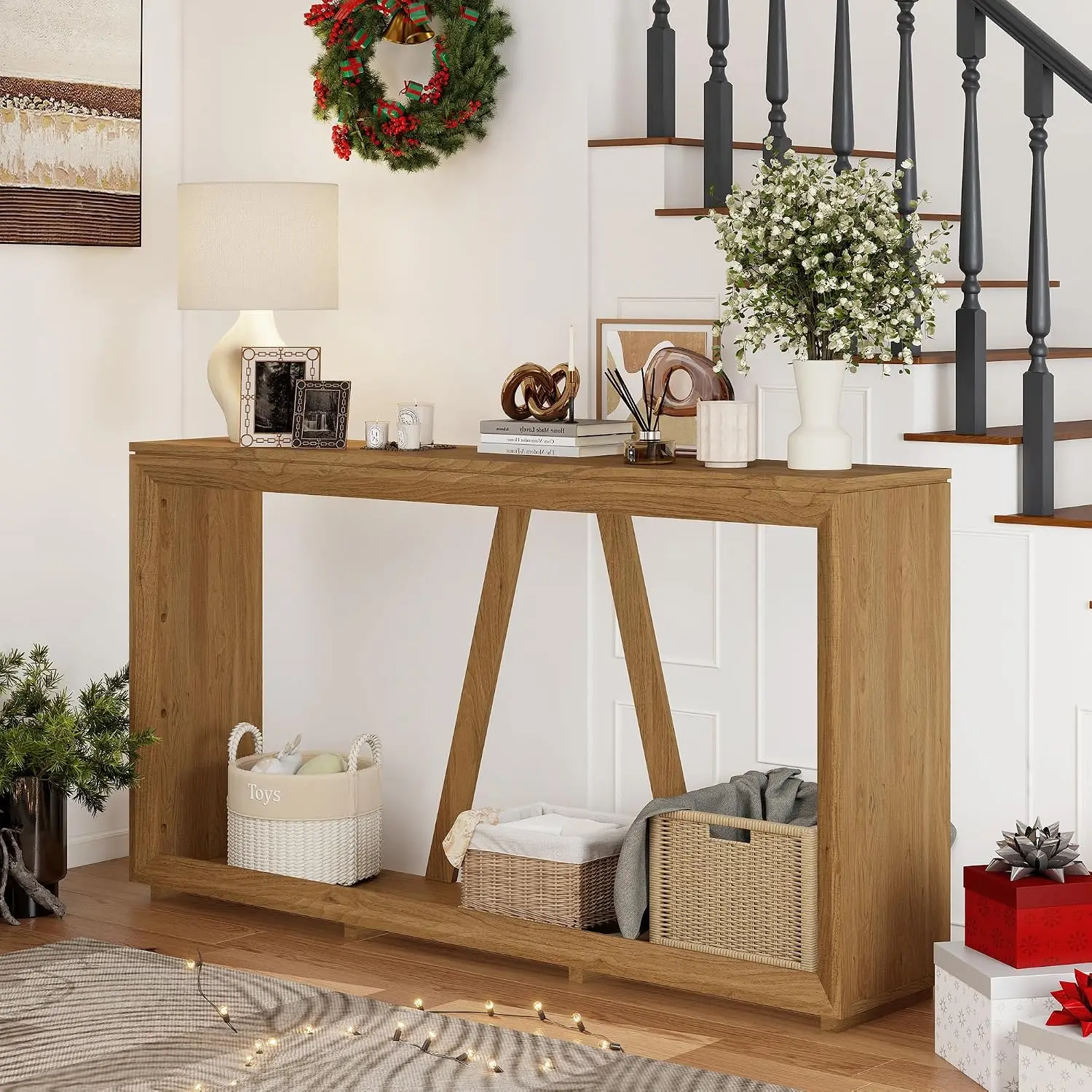 55-Inch Wooden Console Table for Entryway & Living Room, Vintage Oak Hallway Sofa Table, Customized view 6