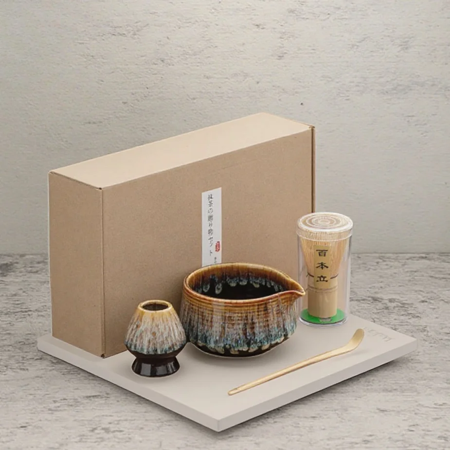 Kit Matcha japonés, juego Matcha de 4 Uds., batidor de 100 puntas, cuenco esmaltado hecho a mano con boquilla, soporte Chasen, caja de regalo Matcha