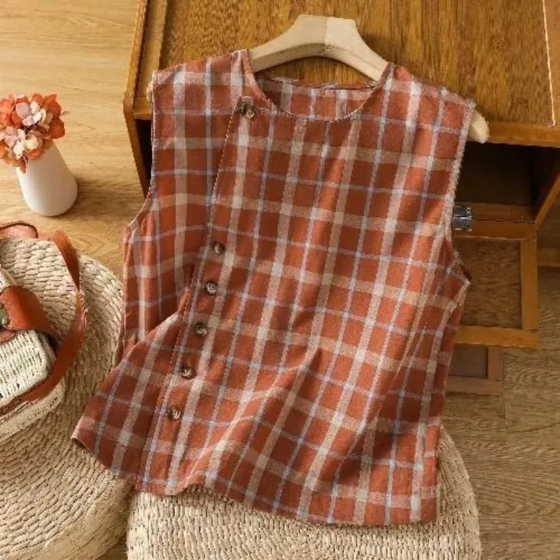 Women Retro Plaid Linen Vest Summer Irregular Single Button Sleeveless Layered Waistcoat
