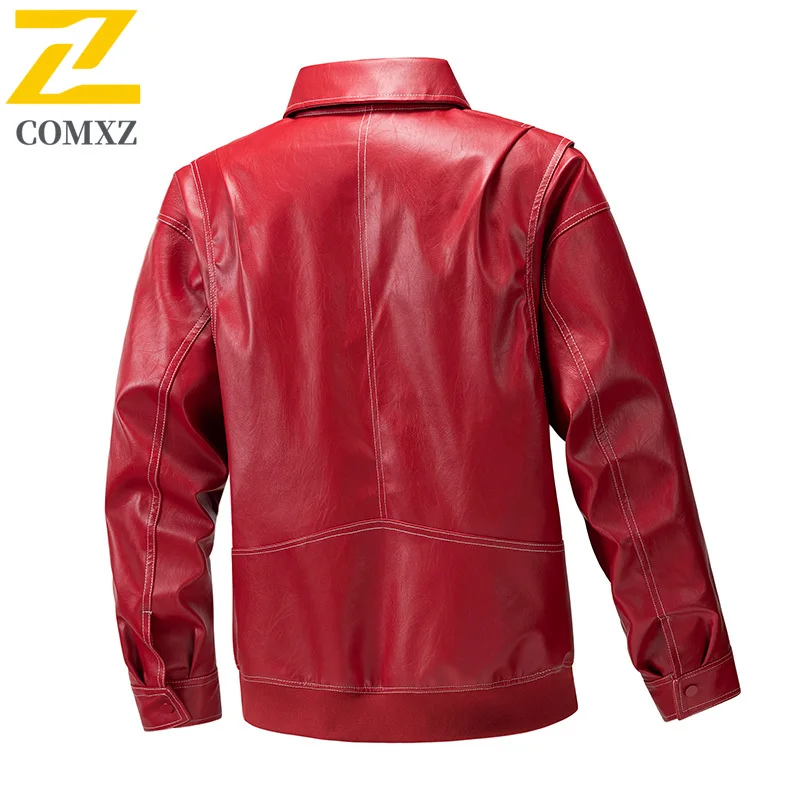 COMXZ PU Leather Jacket Men New Premium Loose Camping Leather Coat Fashion Turndown Collar Street Style Comfort Outerwear