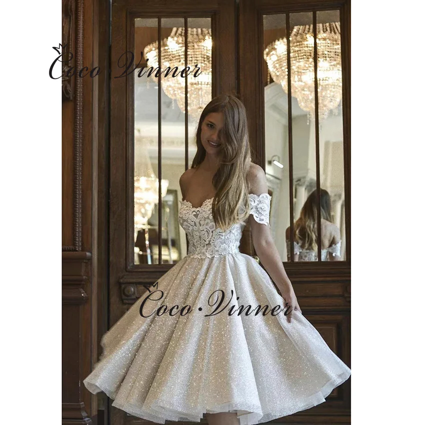 

Блестящее короткое свадебное платье с открытыми плечами по индивидуальному заказу, новинка 2025 года, кружевное свадебное платье трапециевидной формы длиной до колена с аппликацией, Европа W1412