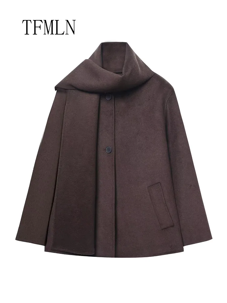 TFMLN 2025 Jesień Zima Damski Płaszcz z Szalowym Kołnierzem Oversize Vintage Długi Rękaw Casualowa Kurtka Jednorzędowa Odzież Wierzchnia w Stylu High Street