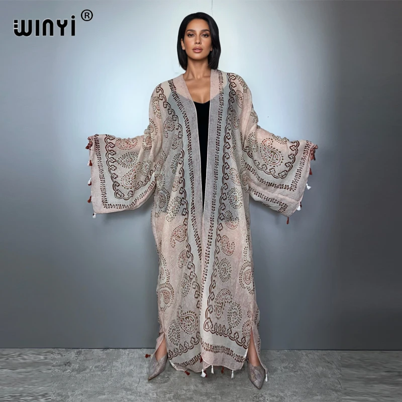 ウィンイー アフリカ ボヘミアン サマー キモノ マキシドレス ビーチカバーアップ カーディガン アバヤ ムスリム女性用コート ボホ カフタン ビーチウェア カフタン