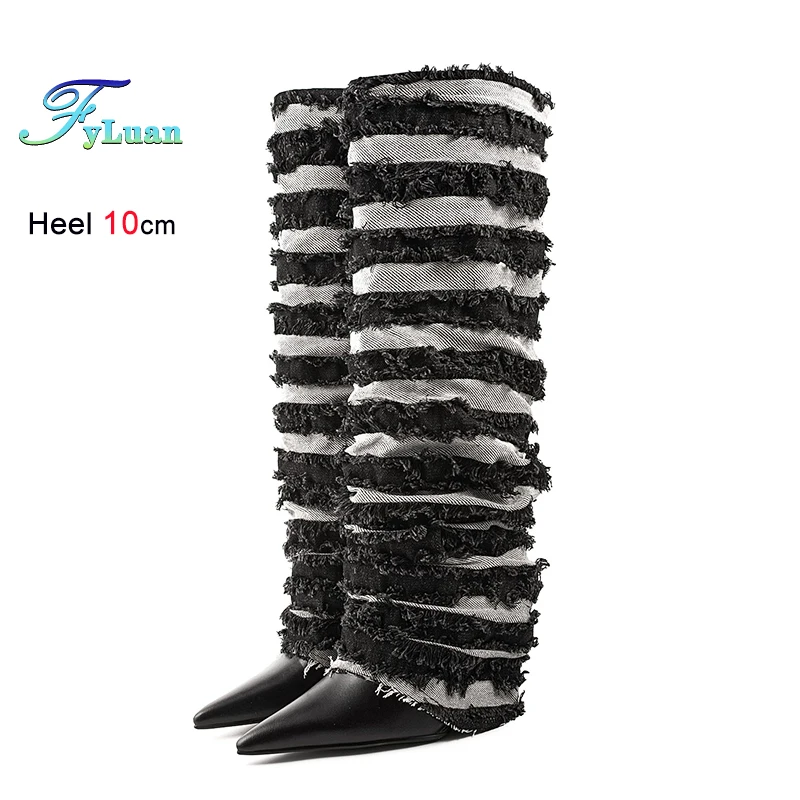 

Fashion Pleated Denim Knee-high Boots 10CM High Heel Pointed Boots For Women Mixed color Europe and America Model T Show Shoes