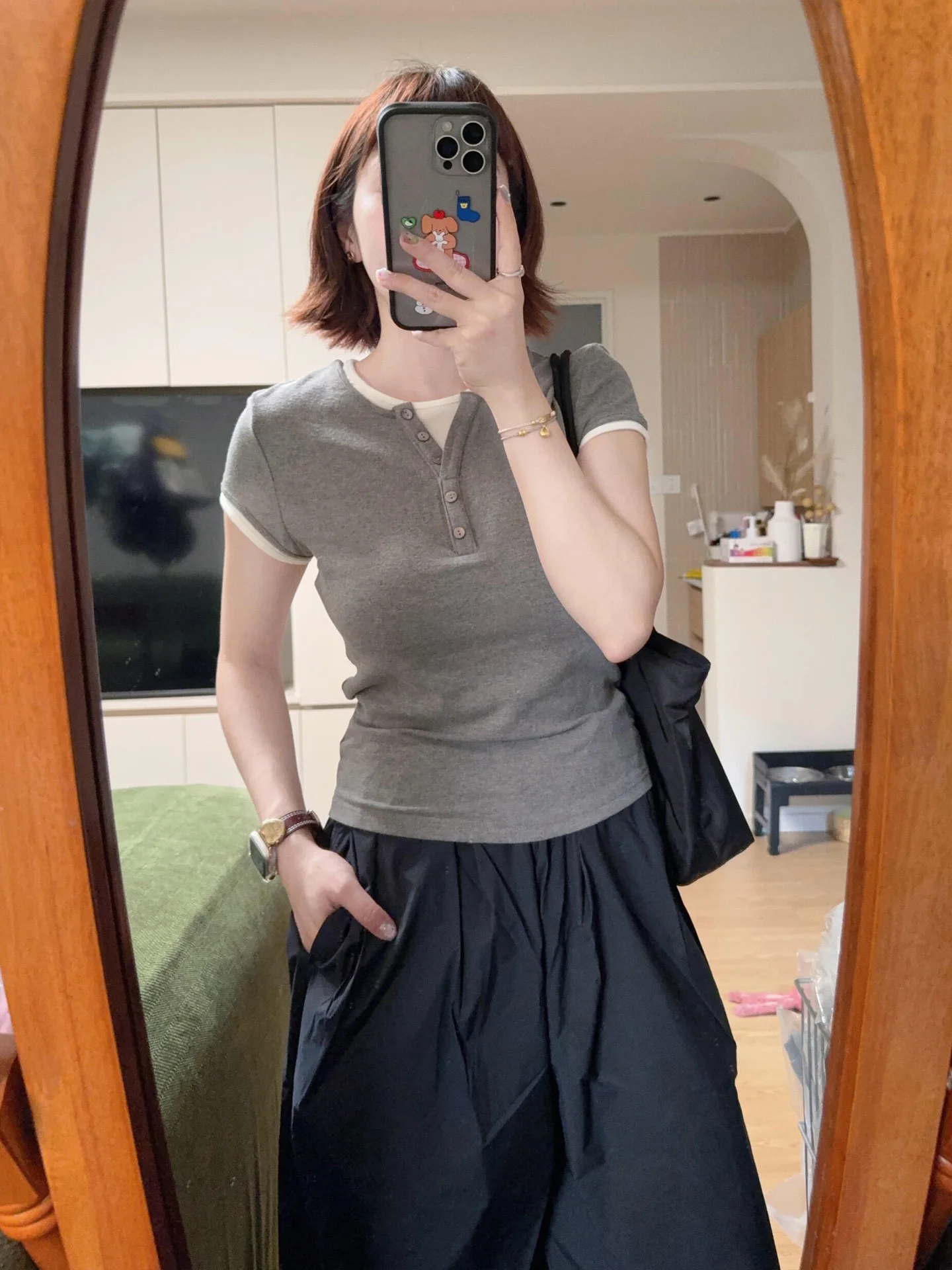 Henry Collar Color Block Fake Two-Piece Slim Fit Short Sleeve T-Shirt Women Summer Korean Style Beautiful Unique Small Top