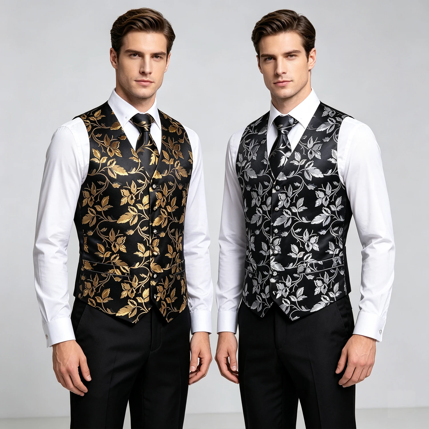 Men Black Base Leaf Floral Jacquard Suit Vest 4 Pieces Set Waistcoat with Tie Pocket Square Cufflinks Formal Wedding Tuxedo Vest