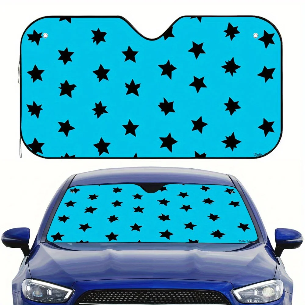 1pc 2D Flat Black Stars On A Blue Background Car Sunshade – Chic And Fashionable, Maintains Your Vehicle'S Coolness, Comes With