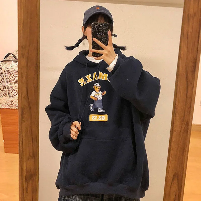 Women Winter Spring Tops Casual Loose Vintage Sweat Shirt Female Sweatshirts Ladie Fashion Warmth Clothing Long Sleeve with Hood