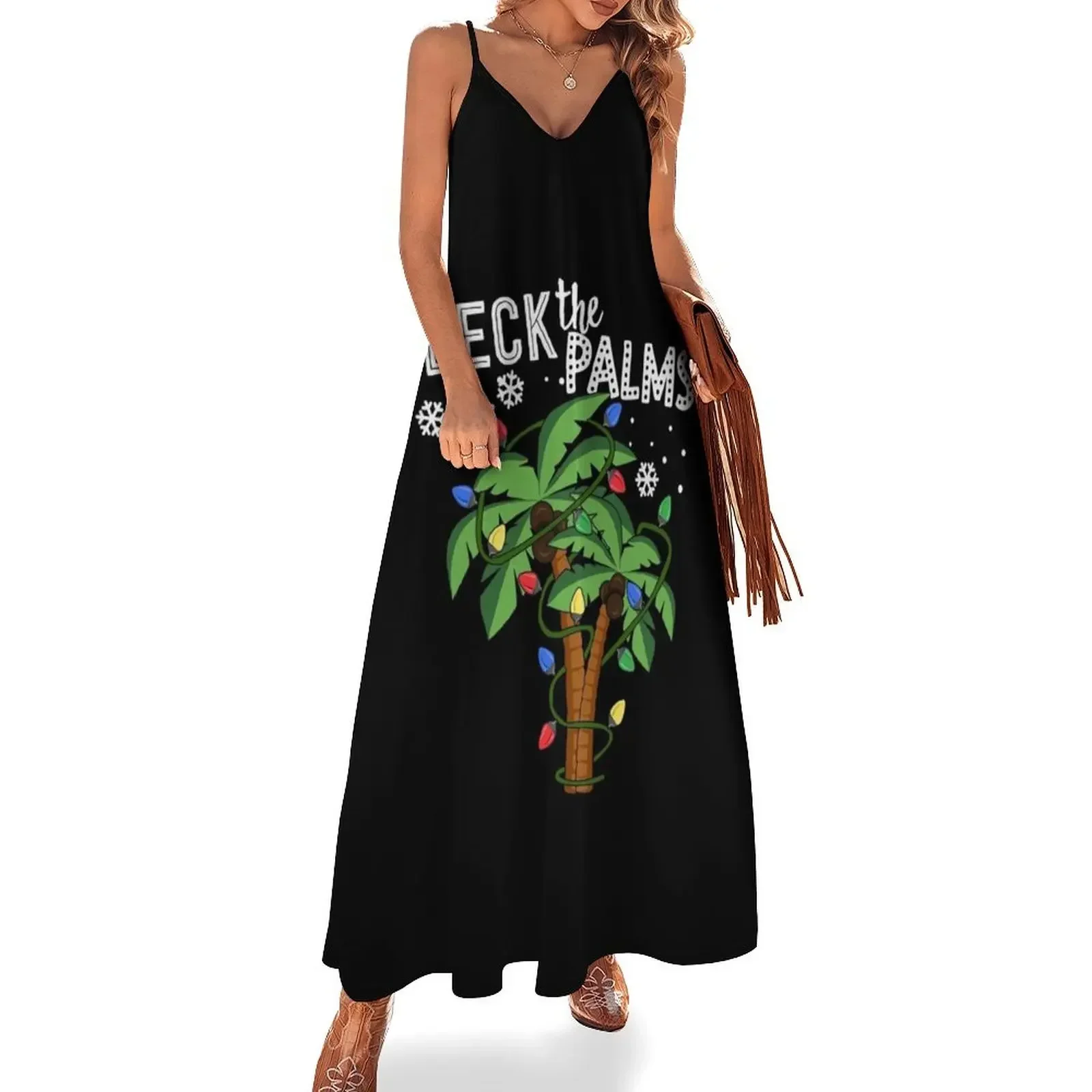 Deck The Palms Hawaii Christmas Palm Tree Lights Sleeveless Dress Women's summer skirt Women's dress Dress