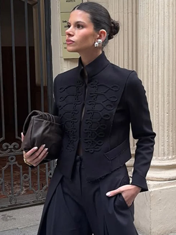 2026 Spring Chic Commute Elegant Office Short Blazer Coat Women Single Breasted Shoulder Pad Stand Collar Loose Female Jacket