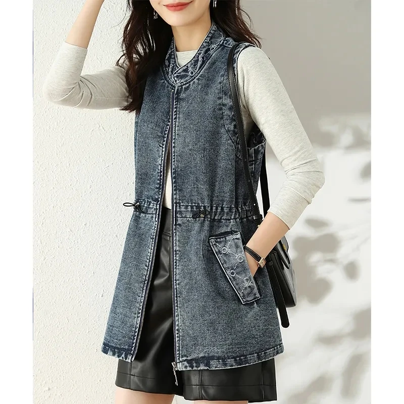 Spring Autumn Sleeveless Slim Mid-length Women's Denim Vest Coat Be All-match Stand Collar Ladies Cowboy Waistcoat Jacket JJ37