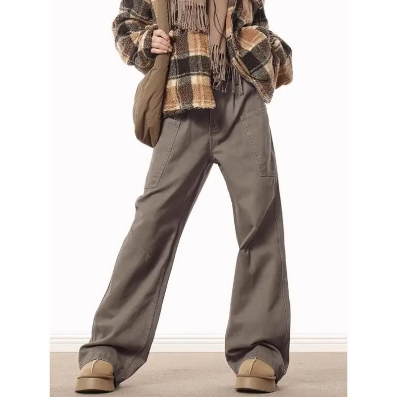 Women Multi Pocket Wide Leg Jeans High Waist Loose Straight Denim Trousers view 3