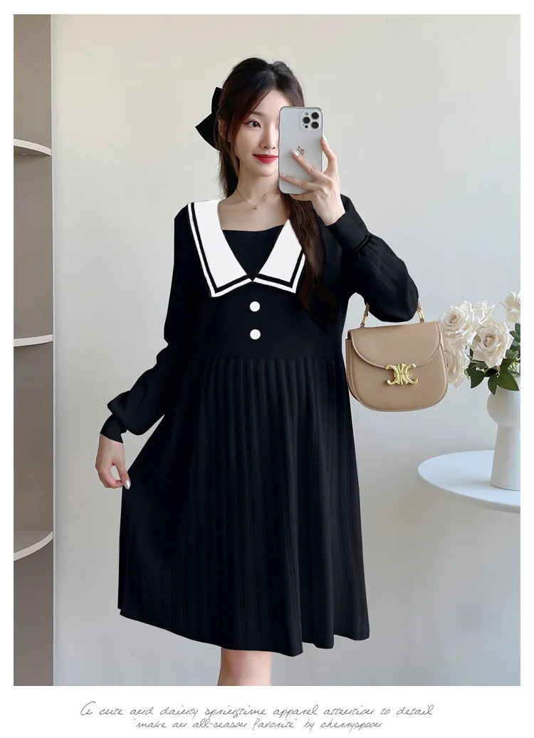 Autumn and Winter Preppy Style Maternity Knitted Dress Plus Size Pregnant Women's Dress Block Color Loose Pregnancy Clothes