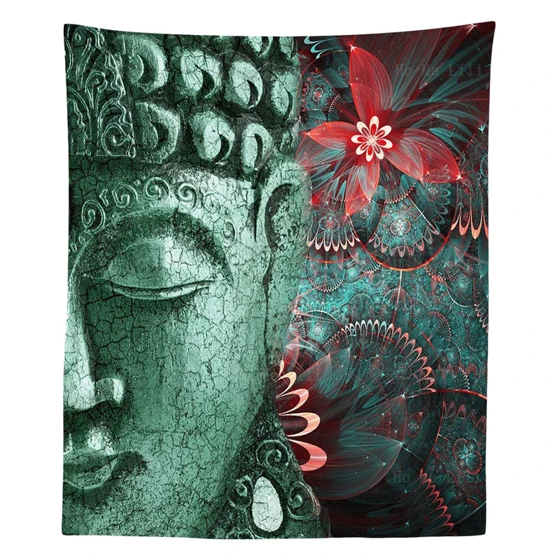 Red flower Zen tapestry with Buddhism Buddha Shakyamuni meditation Red flower Zen tapestry for Livingroom by Ho Me Lili