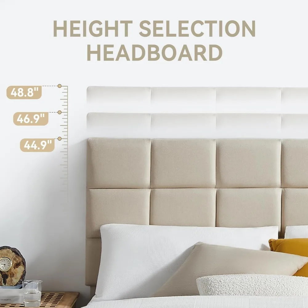 Cabeceira estofada de linho, estrutura de cama de tamanho completo com suporte de ripas de madeira para fácil montagem e sono silencioso
