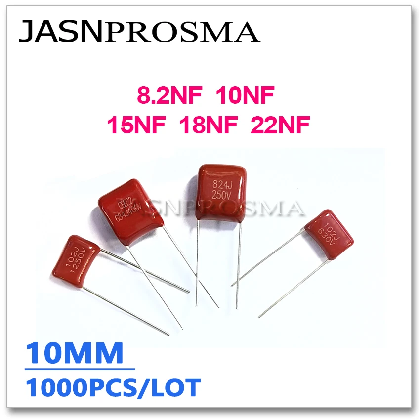

Конденсатор JASNPROSMA CBB, шаг 10 мм, 400 В, 630 В, 1000 В, 1250 В, 1 кВ, 1000 шт., 8,2NF 10NF 15NF 18NF 22NF 822J 103J 153J 183J 223J 5%