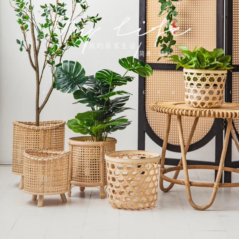 Rattan flower basket flower pot bamboo flower stand living room floor-to-ceiling bonsai plant placement rack
