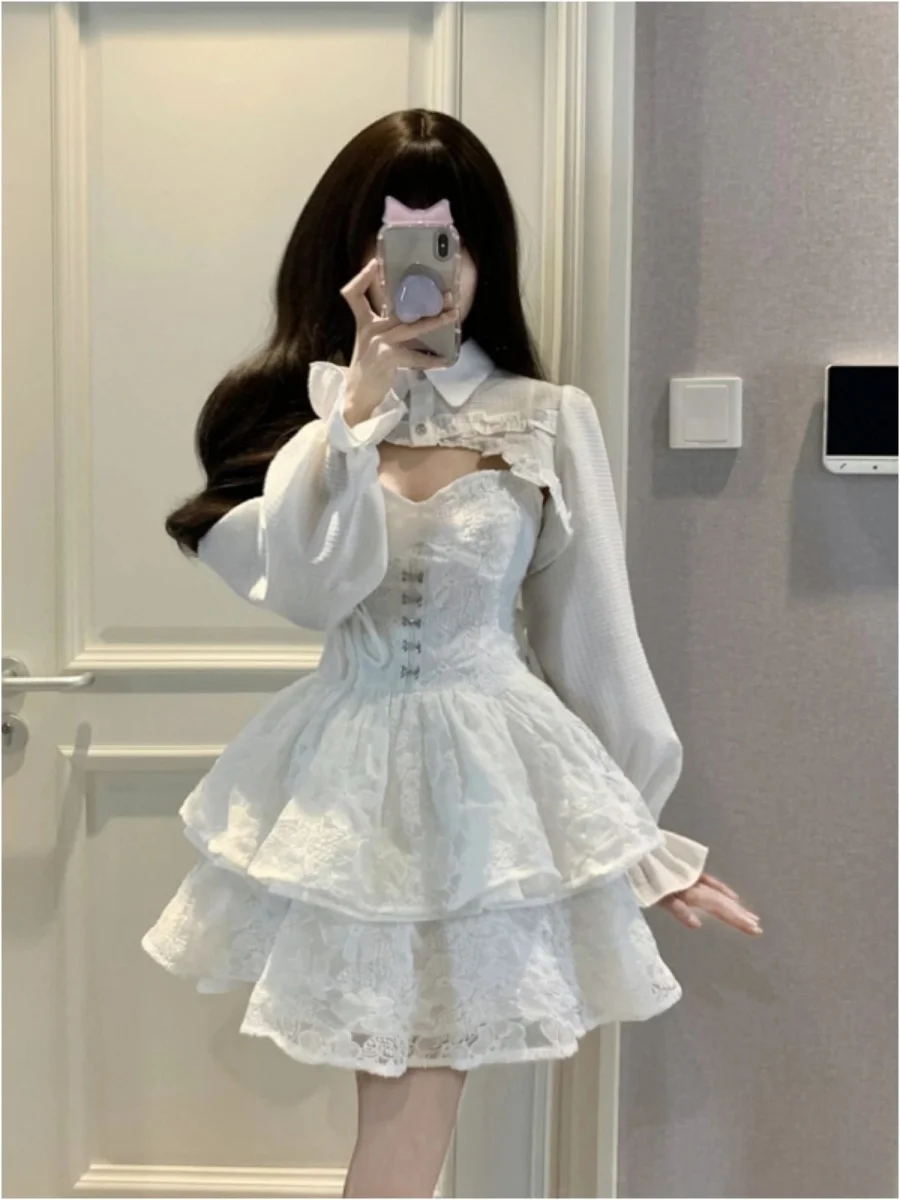 2023ฤดูใบไม้ผลิฤดูใบไม้ร่วงใหม่เซ็กซี่ Lace สำหรับผู้หญิงเกาหลีน่ารัก Lolita ชุด2ชิ้น