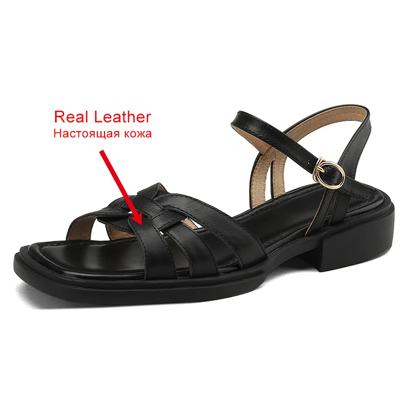 JOZHAMTA Size 34-43 Women Flats Gladiator Sandals Real Leather Ankle Strap Chunky Low Heels Summer Shoes Casual Office Daily