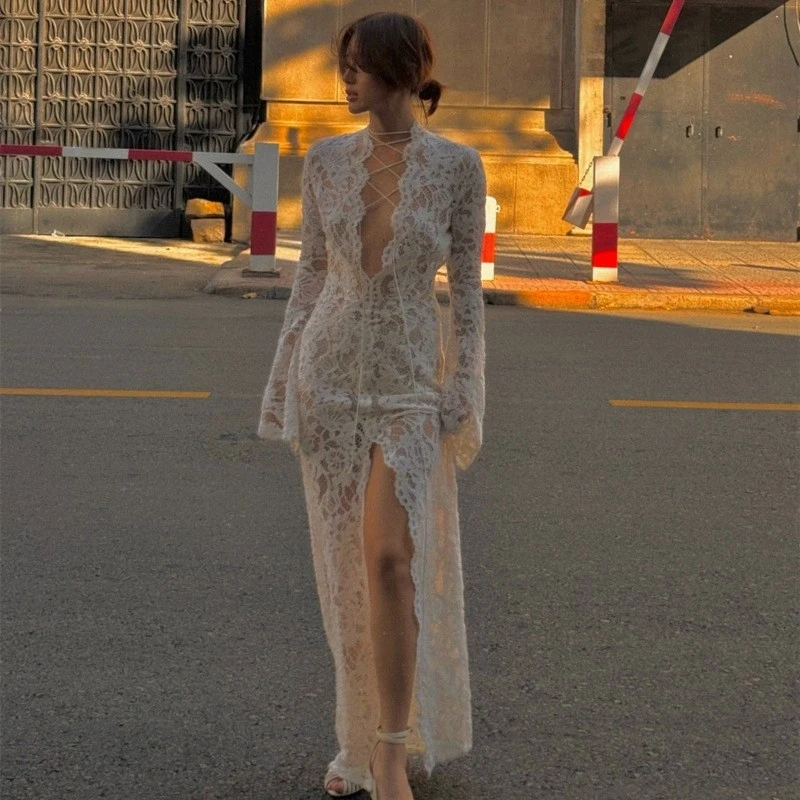 

French-Style Lace-Up Hollow Long Dress Bell-Sleeve Slit Slim-Fit Dress