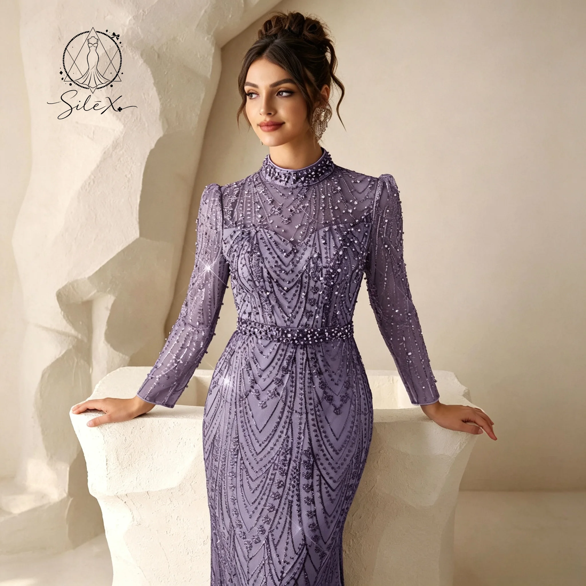 Lavender Sequin Lace Mermaid Formal Gown High Neck Long Sleeve Fitted Waist Elegant Women Banquet Wedding Evening Dress