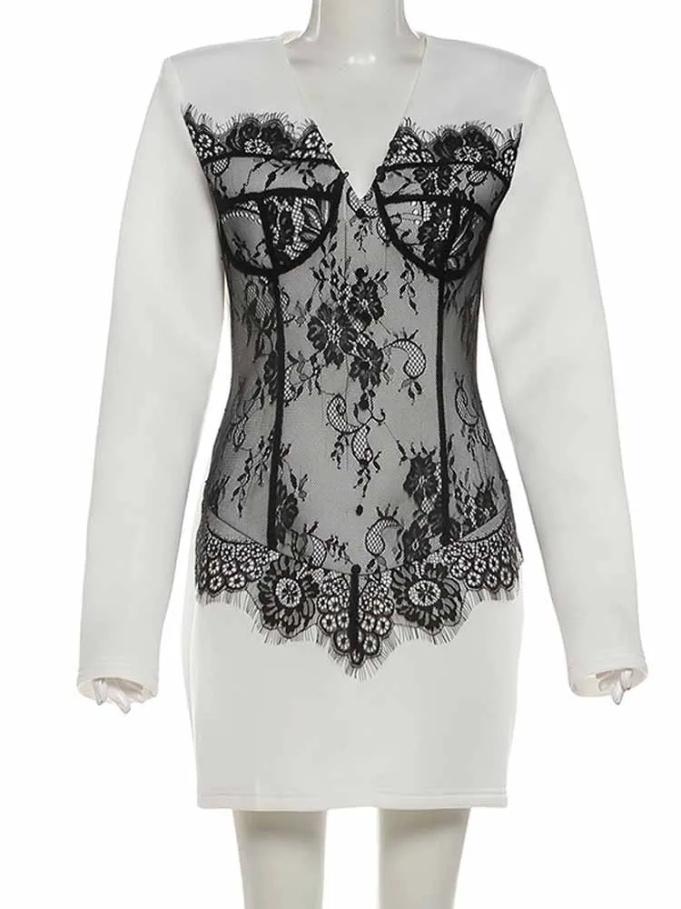 BKQU الدانتيل المرقعة مثير الخامس الرقبة السترة فستان Women2025 الخريف جديد أنيق سليم كم طويل فساتين صغيرة حفلة فساتين السهرة