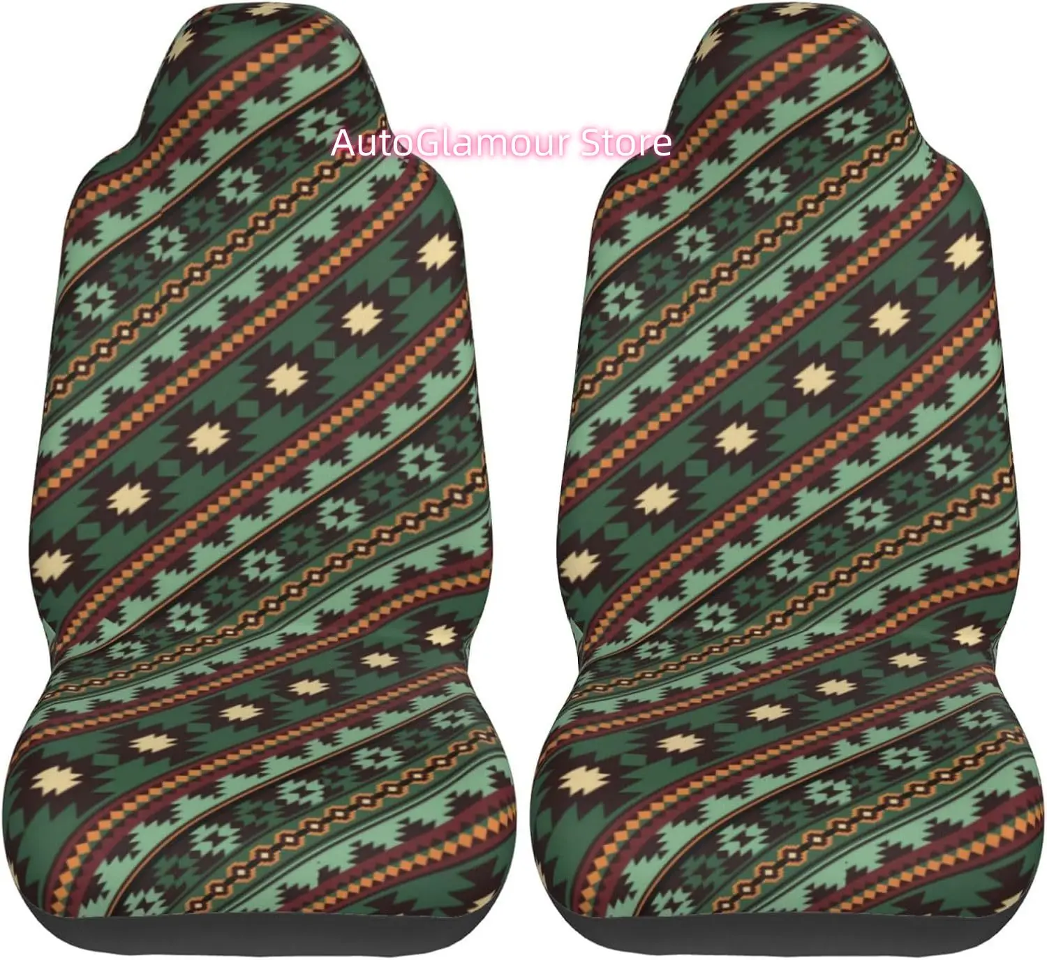 Southwest Tribal Green Brown 2-Piece   Seat Cover Complete Set - Elastic Seat Protection Cover for Cars, Trucks, Su
