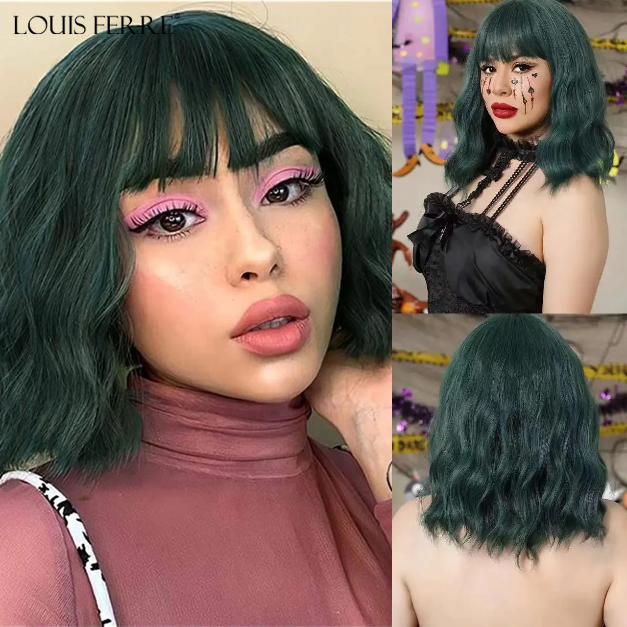 

LOUIS FERRE Short Wavy Green Cosplay Hair Natural Green Synthetic Wigs With Bangs for Women Halloween Heat Resistant Fiber Wigs